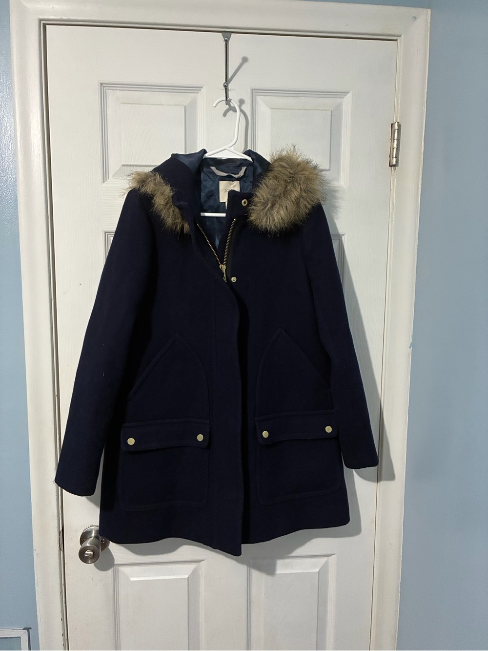 J. Crew Navy Hooded Wool-Blend Coat with Faux Fur Trim